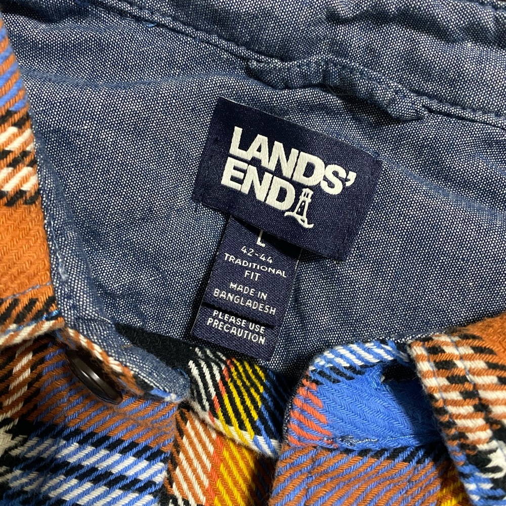 Lands’ End Men's Blue and Brown Plaid Shirt Button Up - Picture 5 of 9